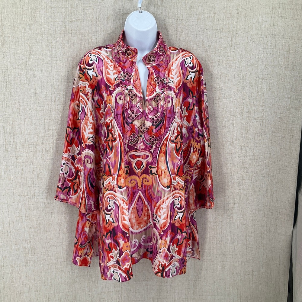 Chicos Tunic Womens 1 M Pink Orange Beaded Boho Paisley Resort Airy Travel Artsy